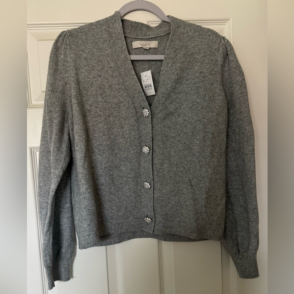 LOFT Gray Cardigan Sweater with Embellished Buttons